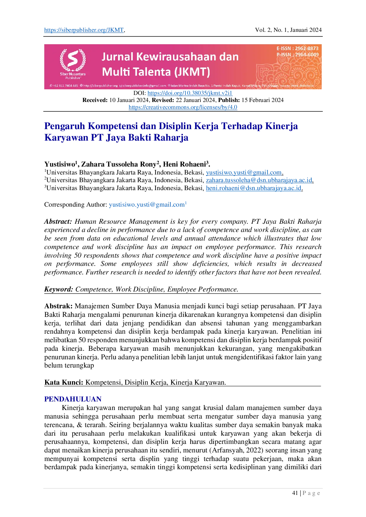 JURIS Pengaruh Kompetensi dan Disiplin Kerja Terhadap Kinerja Karyawan PT Jaya Bakti Raharja