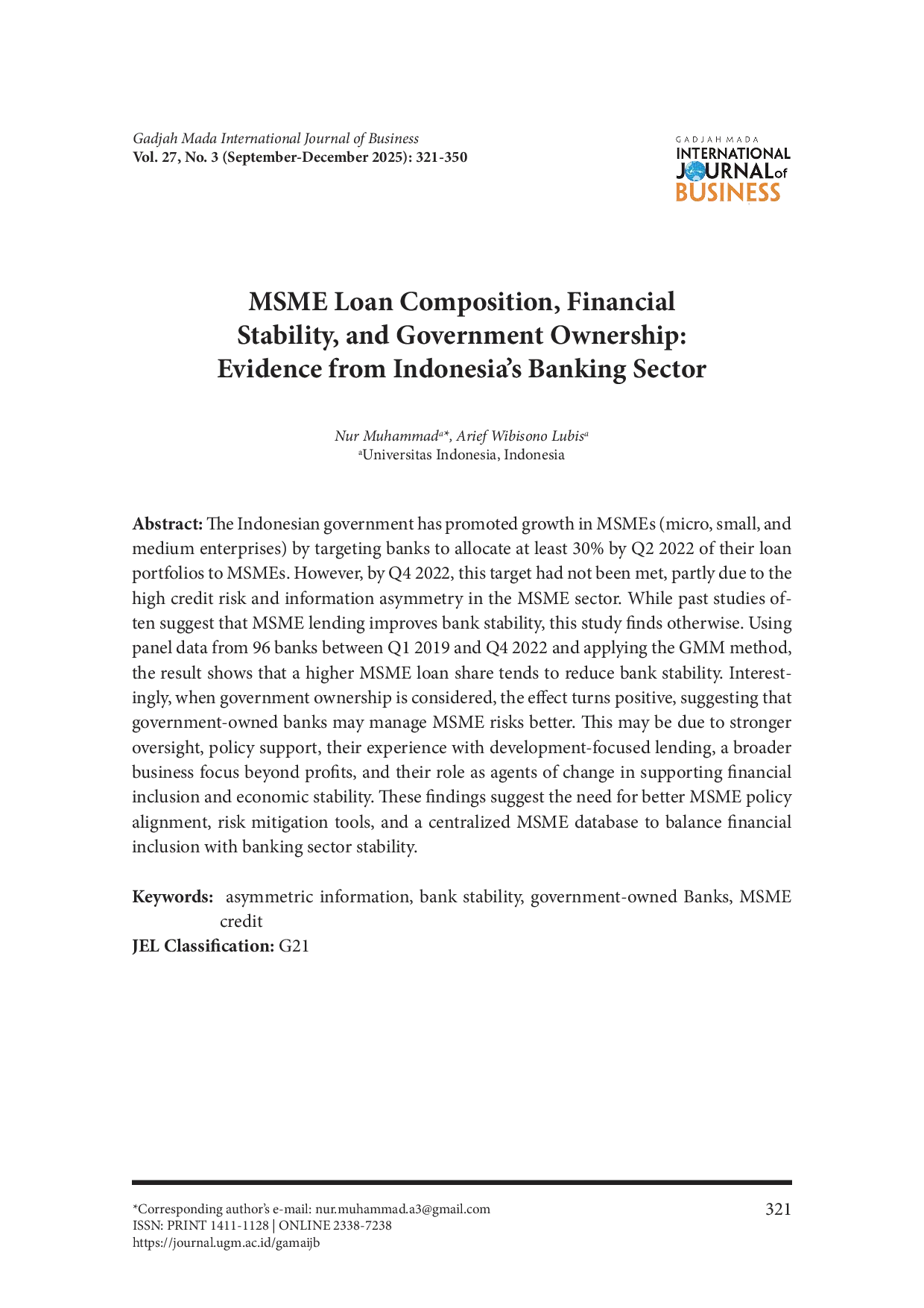 juris MSME Loan Composition Financial Stability and Government Ownership Evidence from Indonesia s Banking Sector