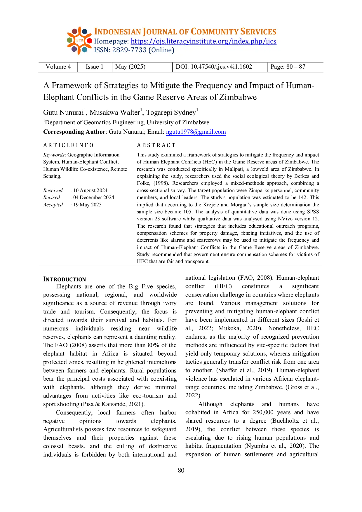 JURIS A Framework of Strategies to Mitigate the Frequency and Impact of Human Elephant Conflicts in the Game Reserve Areas of Zimbabwe