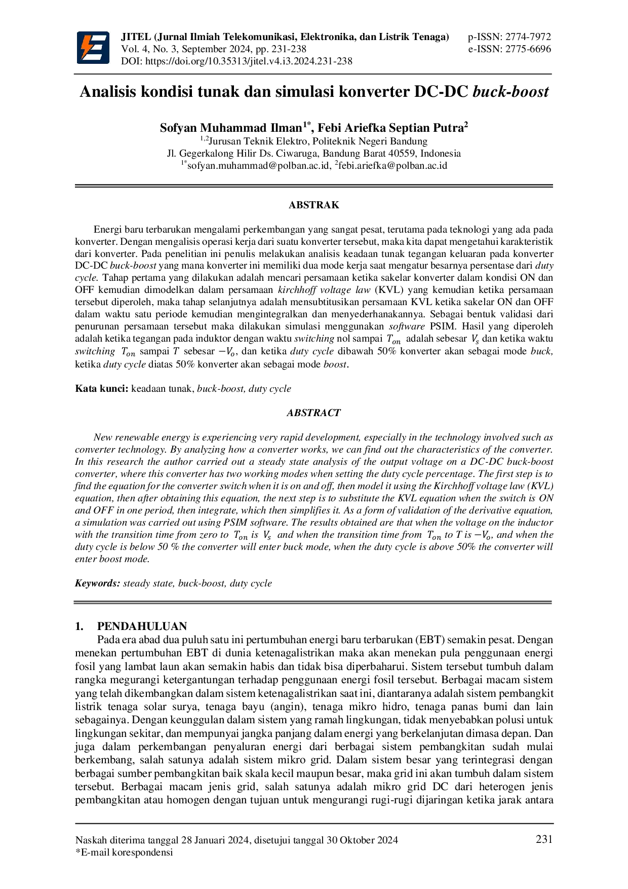 JURIS Analisis kondisi tunak dan simulasi konverter DC DC buck boost