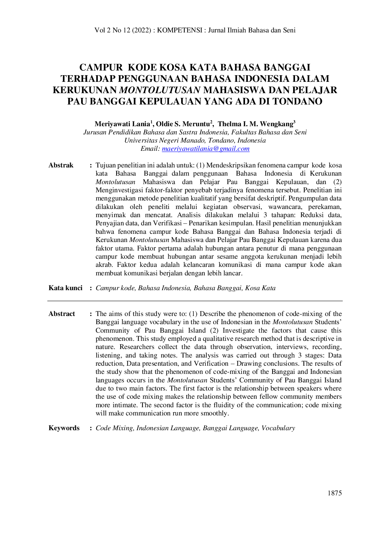 JURIS Campur Kode Kosa Kata Bahasa Banggai Terhadap Penggunaan Bahasa Indonesia Dalam Kerukunan Montolutusan Mahasiswa Dan Pelajar Pau Banggai Kepulauan Yang Ada Di Tondano