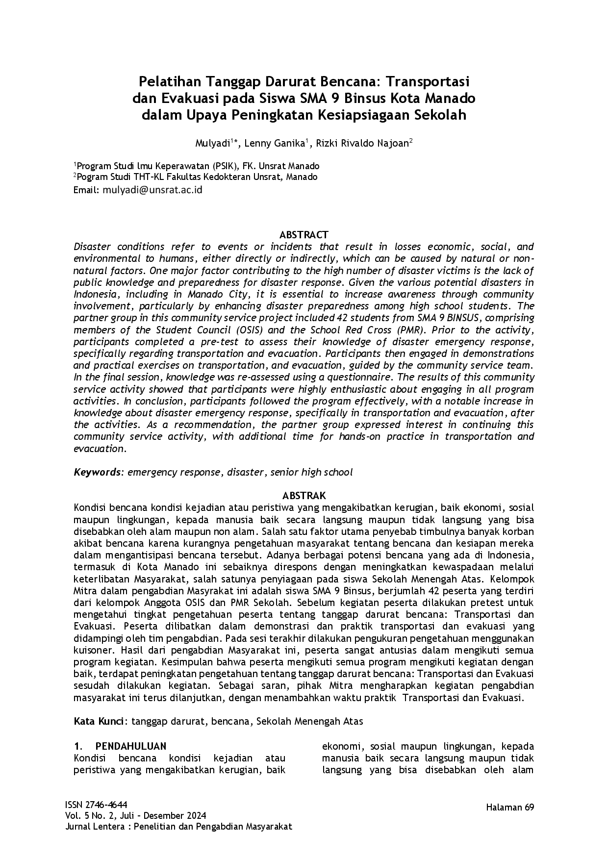 juris Pelatihan Tanggap Darurat Bencana Transportasi dan Evakuasi pada Siswa SMA 9 Binsus Kota Manado dalam Upaya Peningkatan Kesiapsiagaan Sekolah