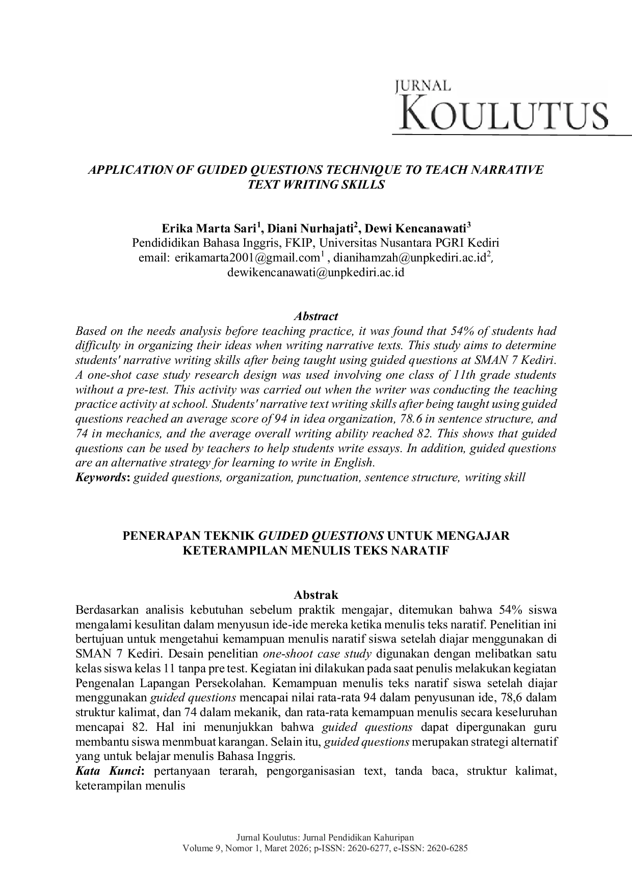 JURIS Application of Guided Questions Technique to Teach Narrative Text Writing Skills