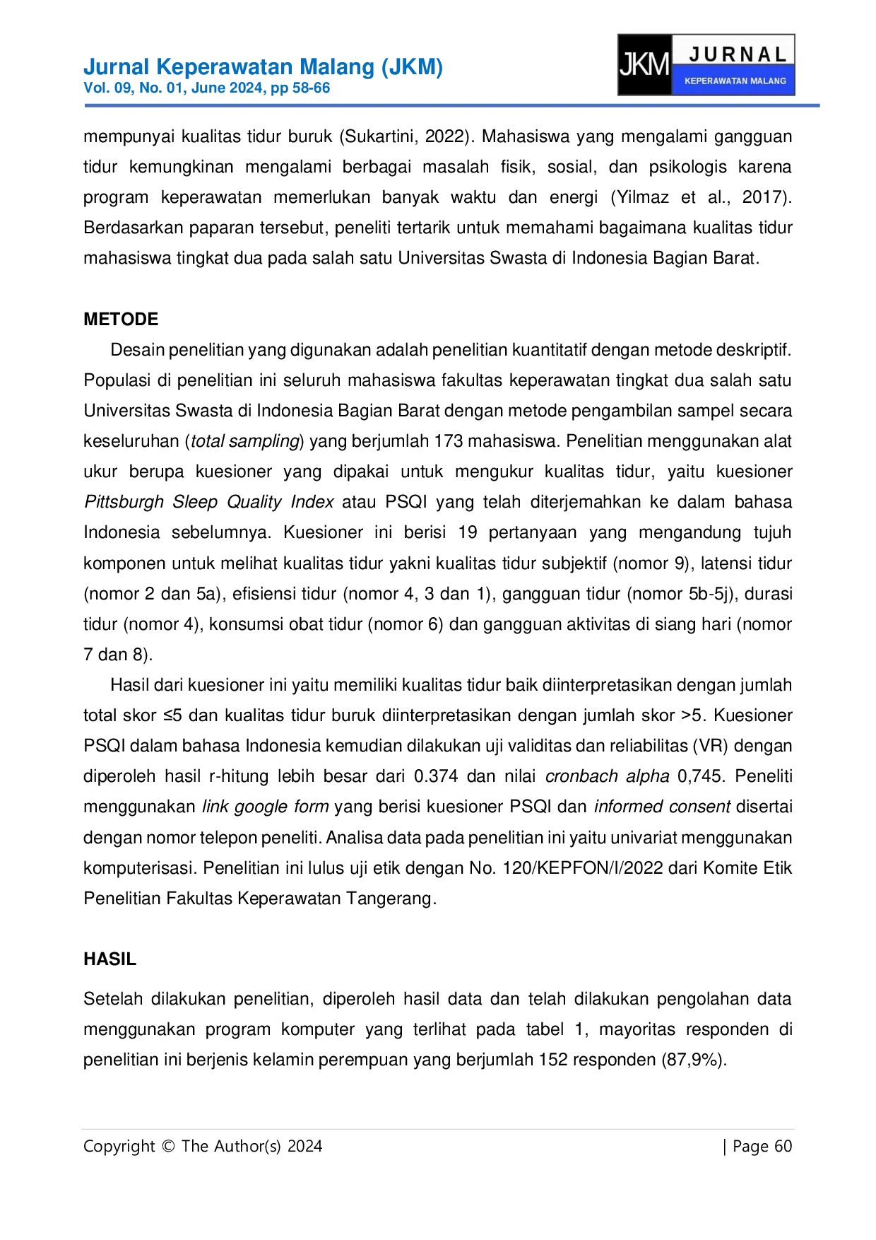 JURIS Kualitas Tidur Mahasiswa Keperawatan Tingkat Dua