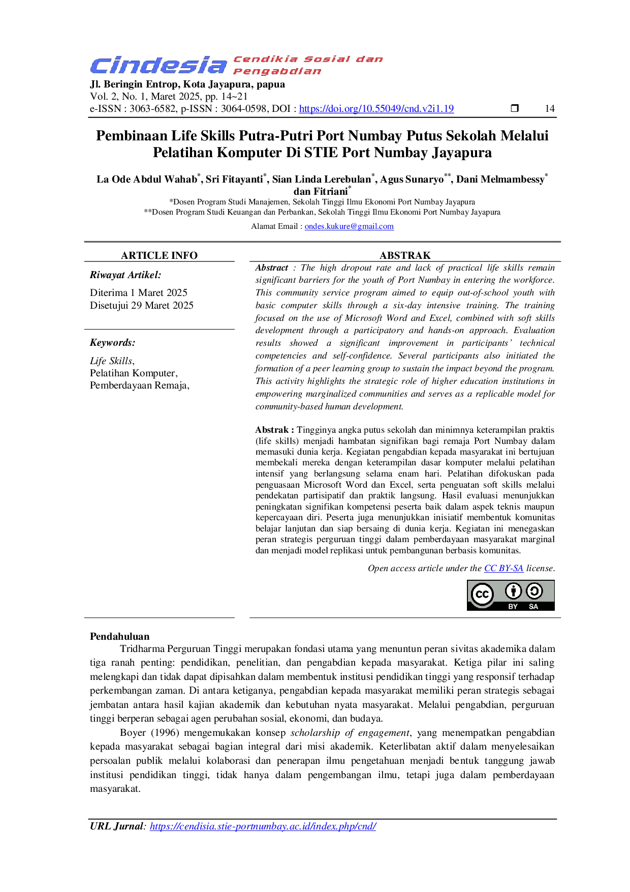 JURIS Pembinaan Life Skills Putra Putri Port Numbay Putus Sekolah Melalui Pelatihan Komputer Di STIE Port Numbay Jayapura