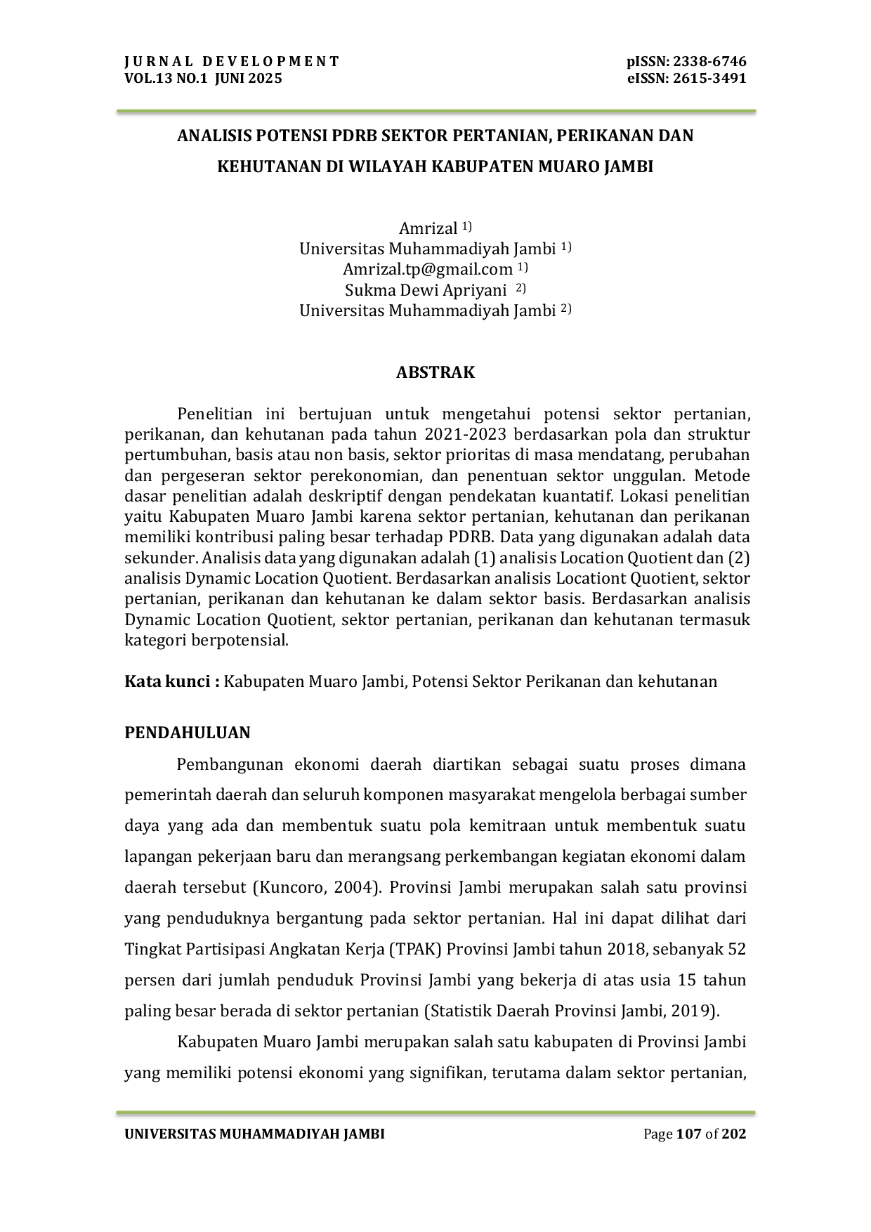 JURIS Analisis Potensi PDRB Sektor Pertanian Perikanan Dan Kehutanan Di Wilayah Kabupaten Muaro Jambi