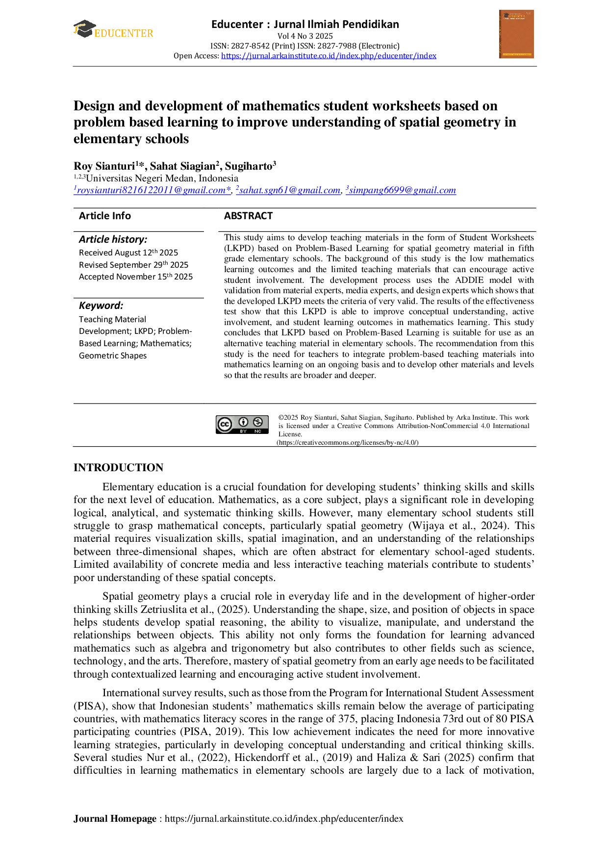 JURIS Design and development of mathematics student worksheets based on problem based learning to improve understanding of spatial geometry in elementary schools