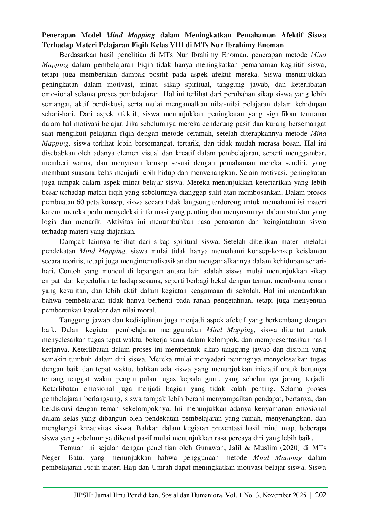 JURIS Penerapan Pembelajaran Mind Mapping untuk Meningkatkan Pemahaman Siswa Terhadap Materi Pelajaran Fiqih Kelas VII di MTS Nur Ibrahimy Enoman