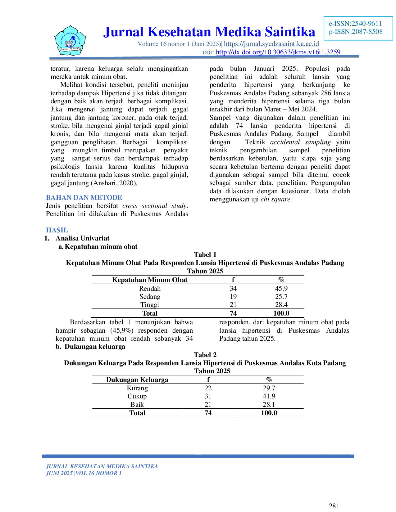 JURIS Hubungan Dukungan Keluarga dengan Kepatuhan Minum Obat pada Lansia Hipertensi