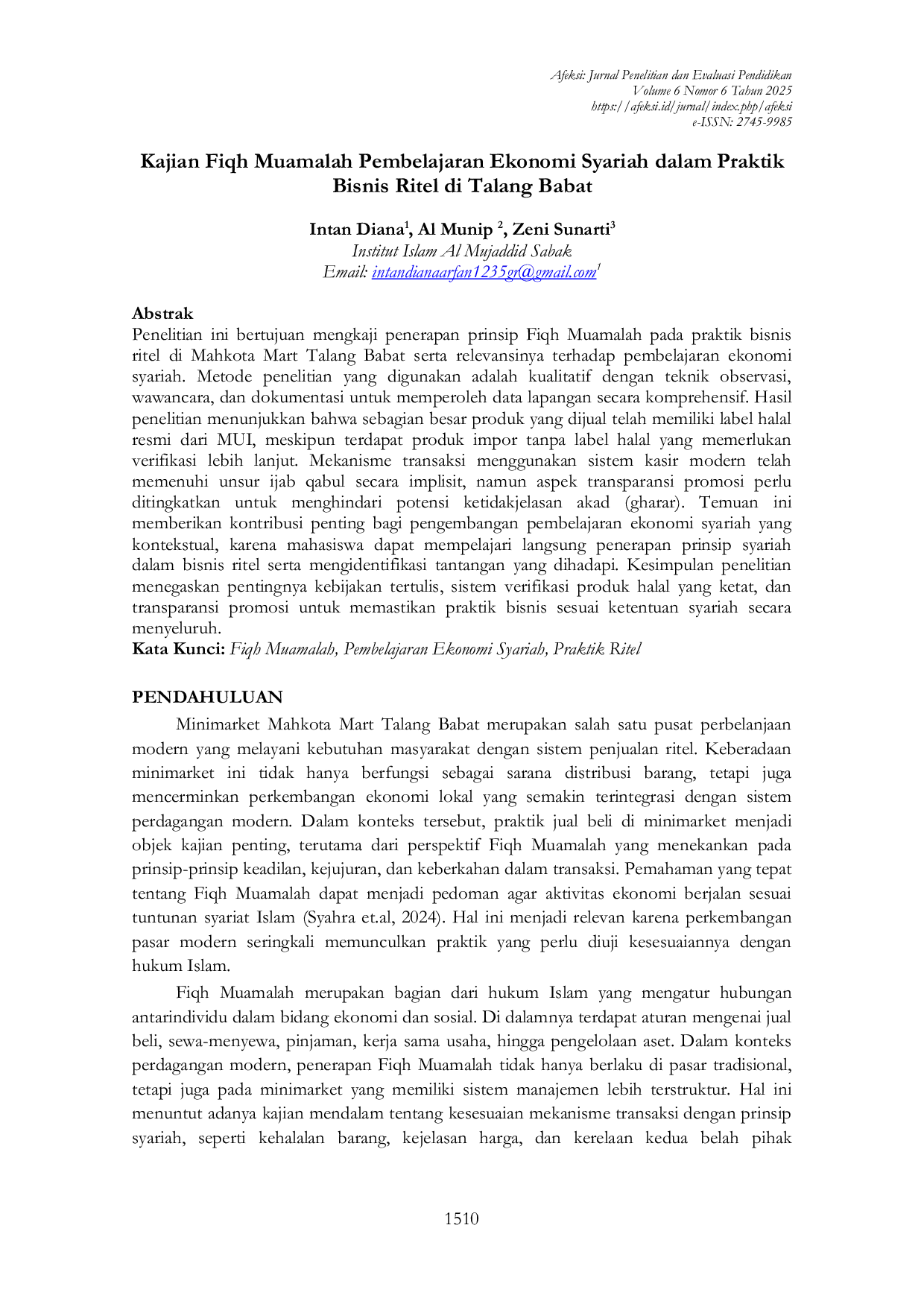 JURIS Kajian Fiqh Muamalah Pembelajaran Ekonomi Syariah dalam Praktik Bisnis Ritel di Talang Babat