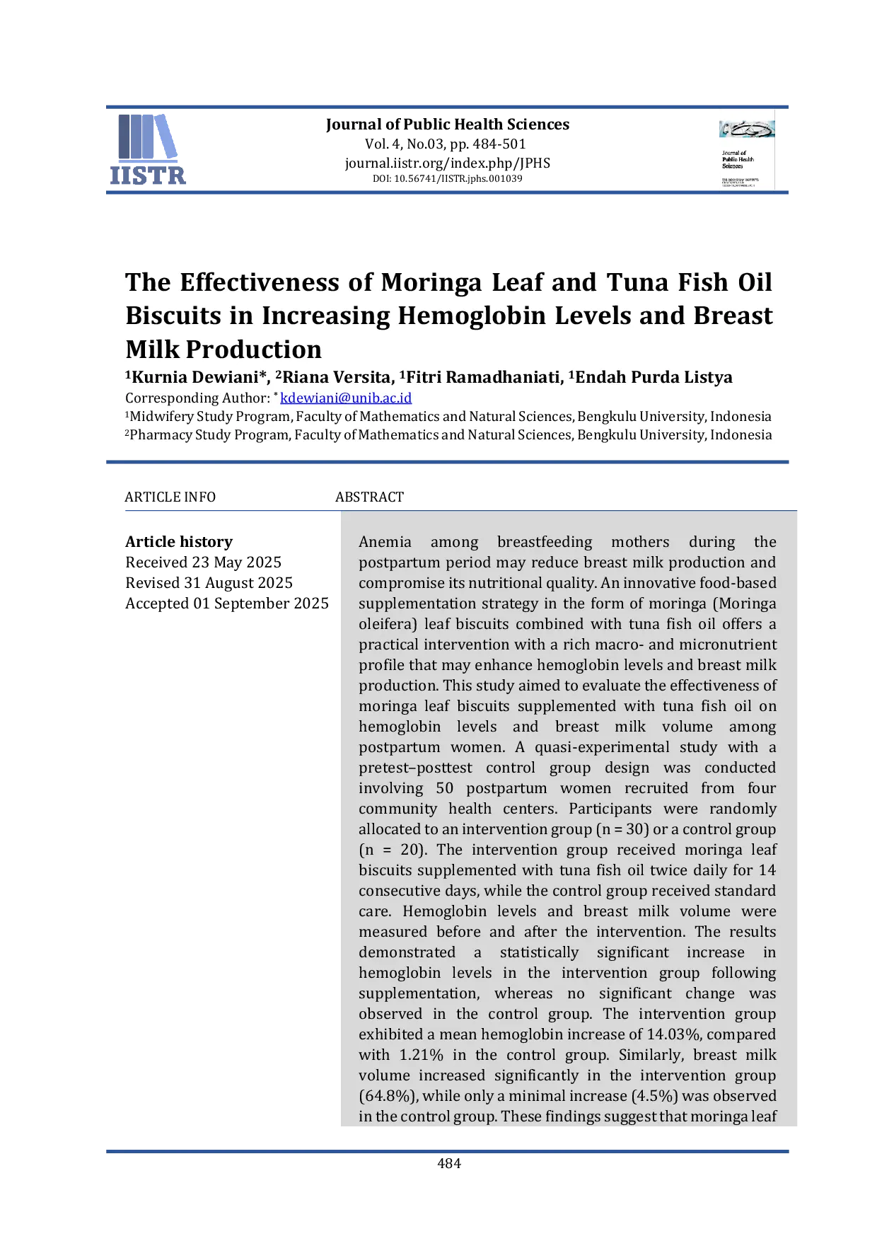 JURIS The Effectiveness of Moringa Leaf and Tuna Fish Oil Biscuits in Advancing Hemoglobin Levels and Breast Milk Volume