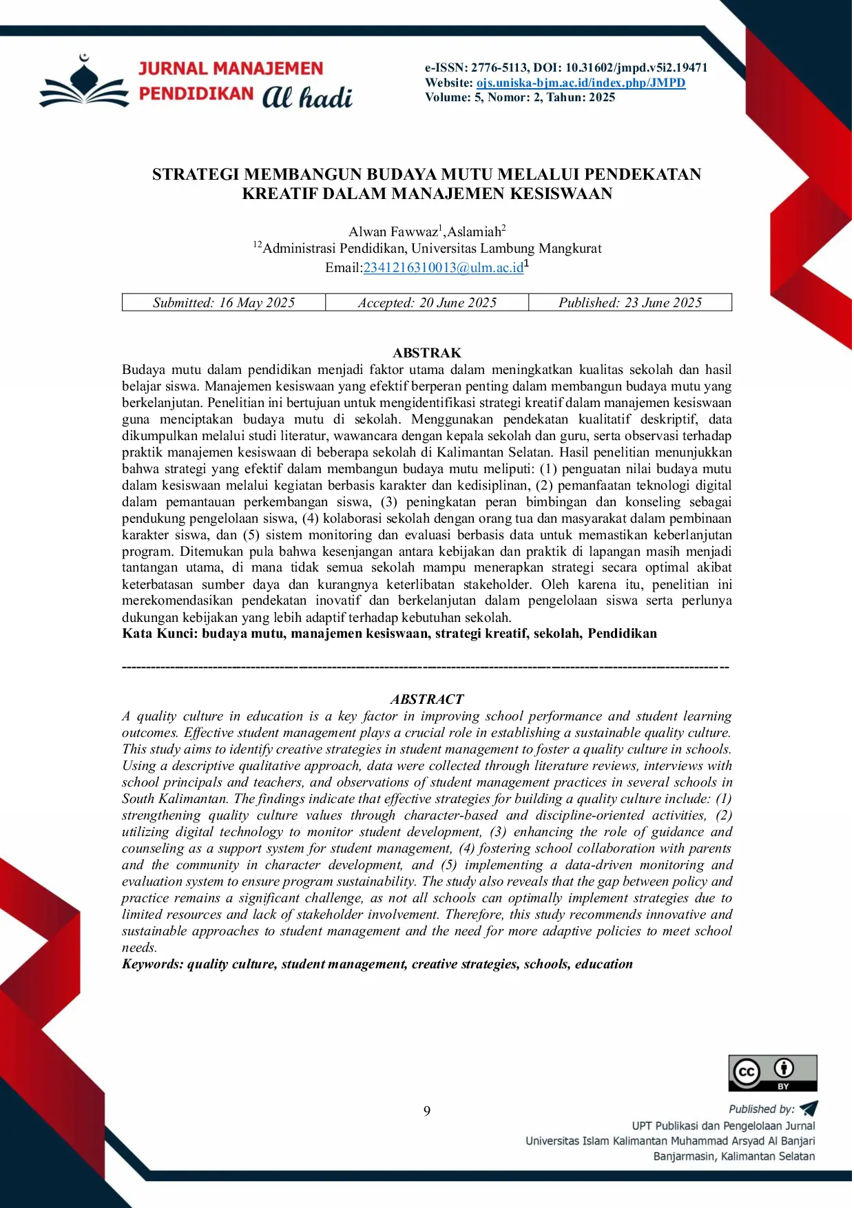 JURIS Strategi Membangun Budaya Mutu Melalui Pendekatan Kreatif Dalam Manajemen Kesiswaan