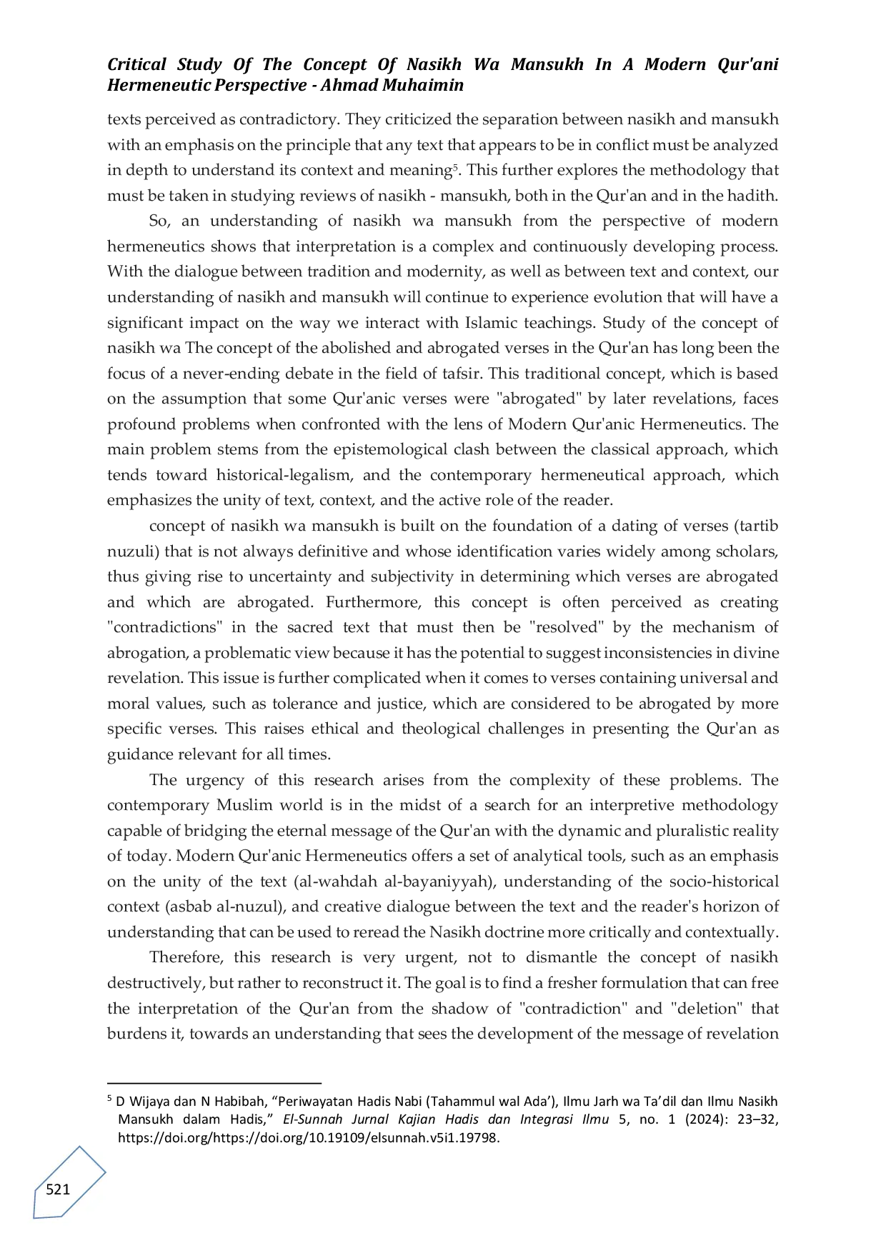 JURIS Critical Study Of The Concept Of Nasikh Wa Mansukh In A Modern Qur ani Hermeneutic Perspective