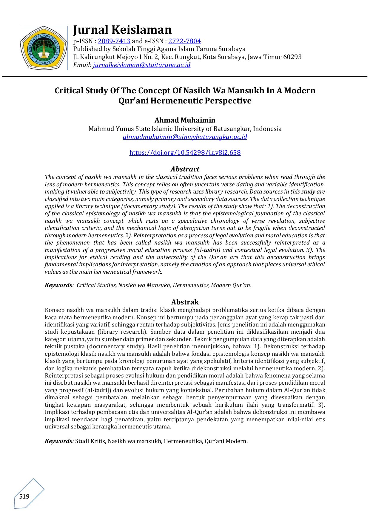 JURIS Critical Study Of The Concept Of Nasikh Wa Mansukh In A Modern Qur ani Hermeneutic Perspective