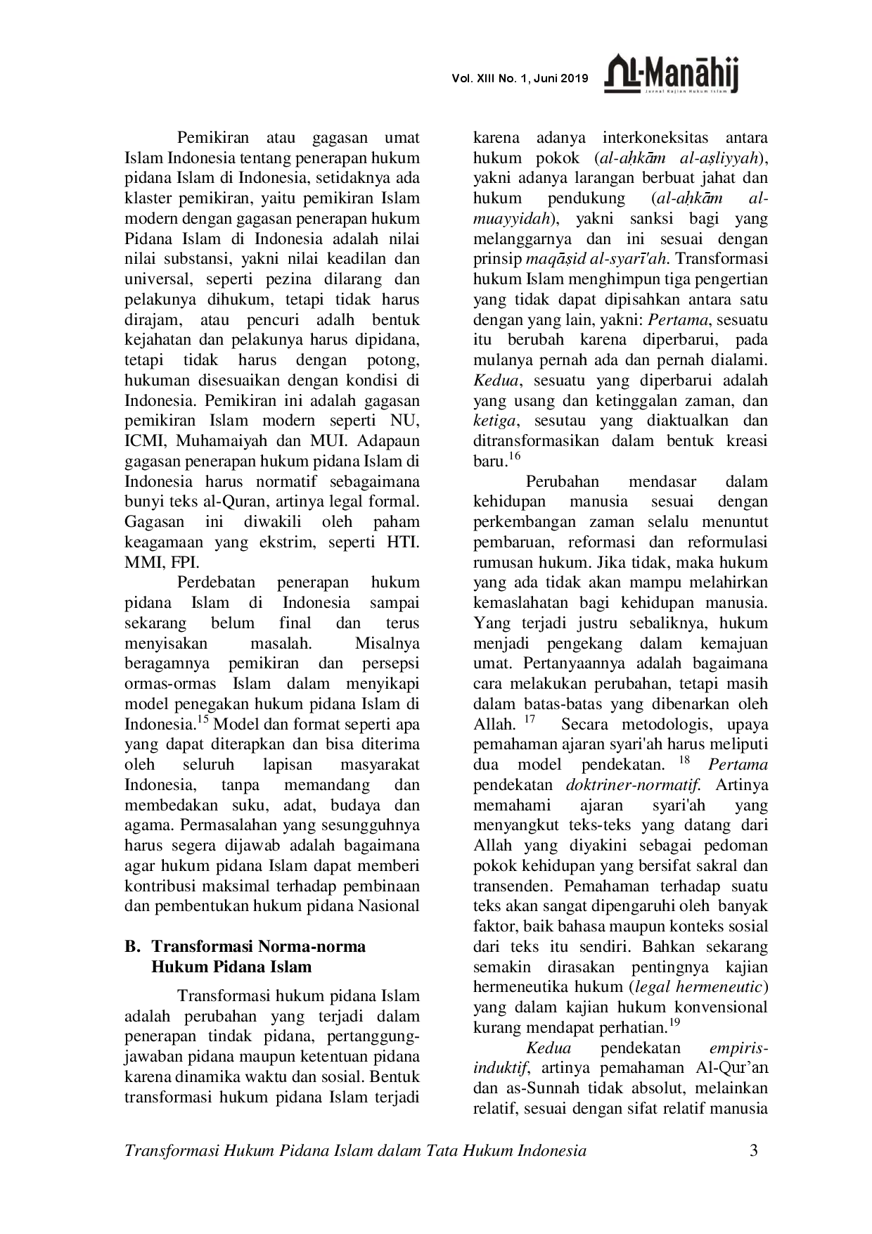 juris Transformasi Hukum Pidana Islam dalam Tata Hukum Indonesia