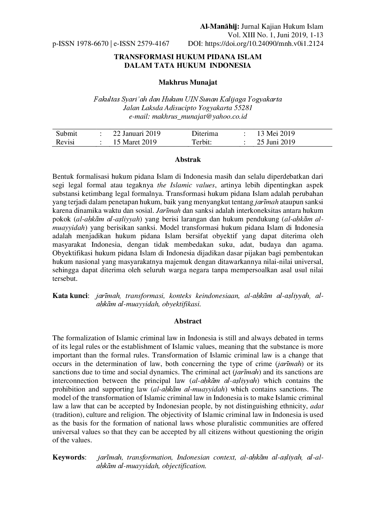 juris Transformasi Hukum Pidana Islam dalam Tata Hukum Indonesia