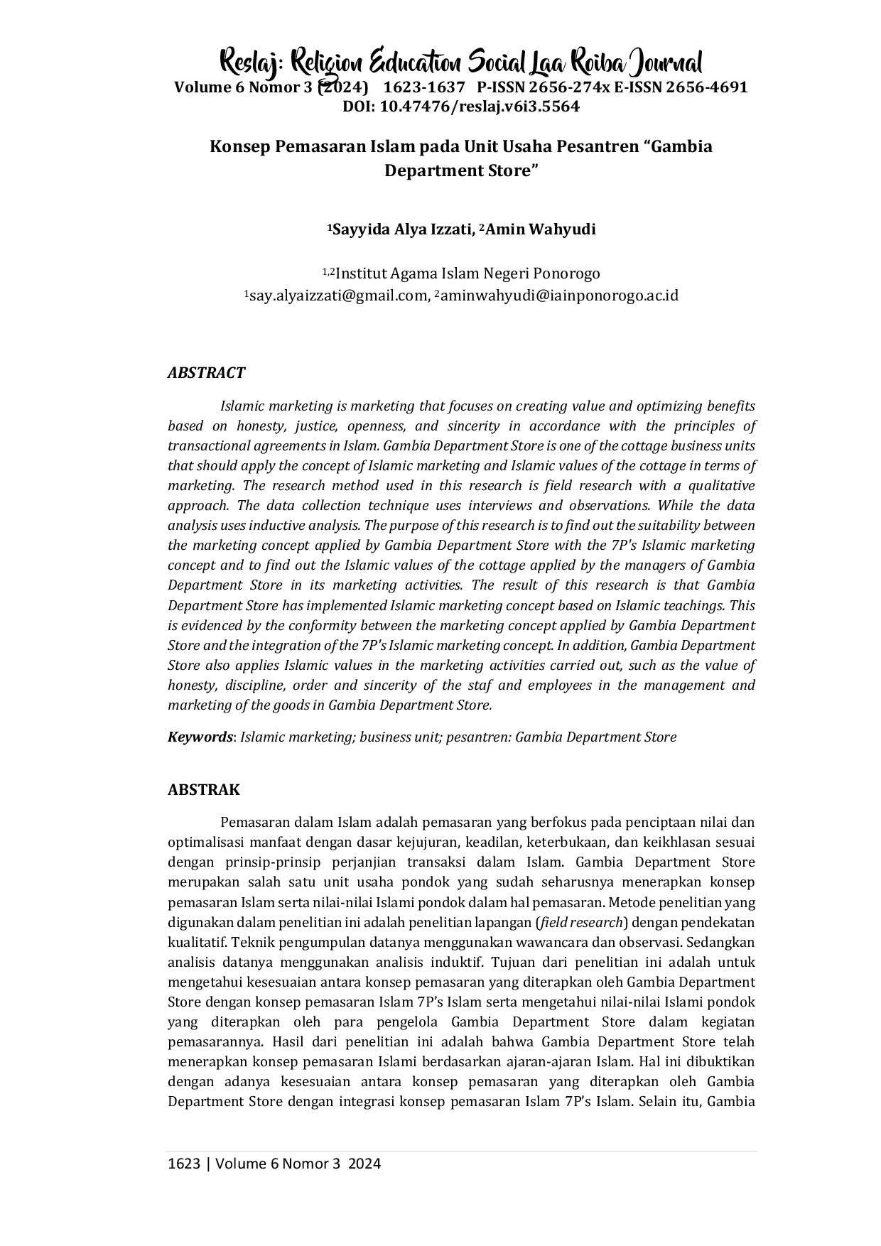 JURIS Konsep Pemasaran Islam pada Unit Usaha Pesantren Gambia Department Store