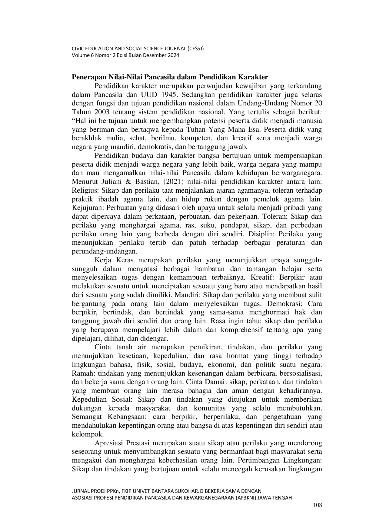 JURIS Penerapan Nilai Nilai Pancasila untuk Meningkatkan Karakter Peserta Didik dalam Kehidupan Sehari Hari