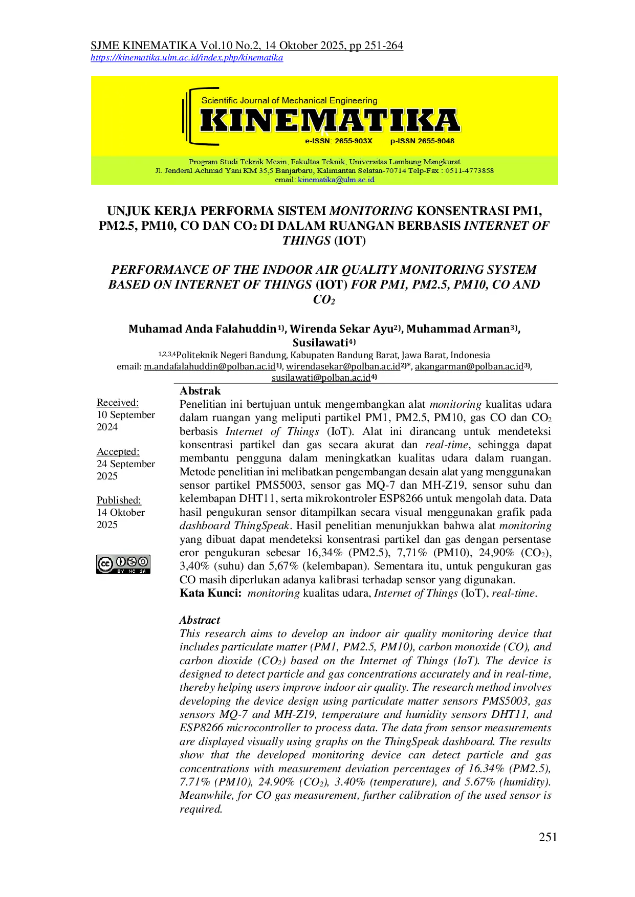 JURIS Unjuk Kerja Performa Sistem Monitoring Konsentrasi PM1 PM2 5 PM10 CO Dan CO2 Di Dalam Ruangan Berbasis Internet Of Things IoT