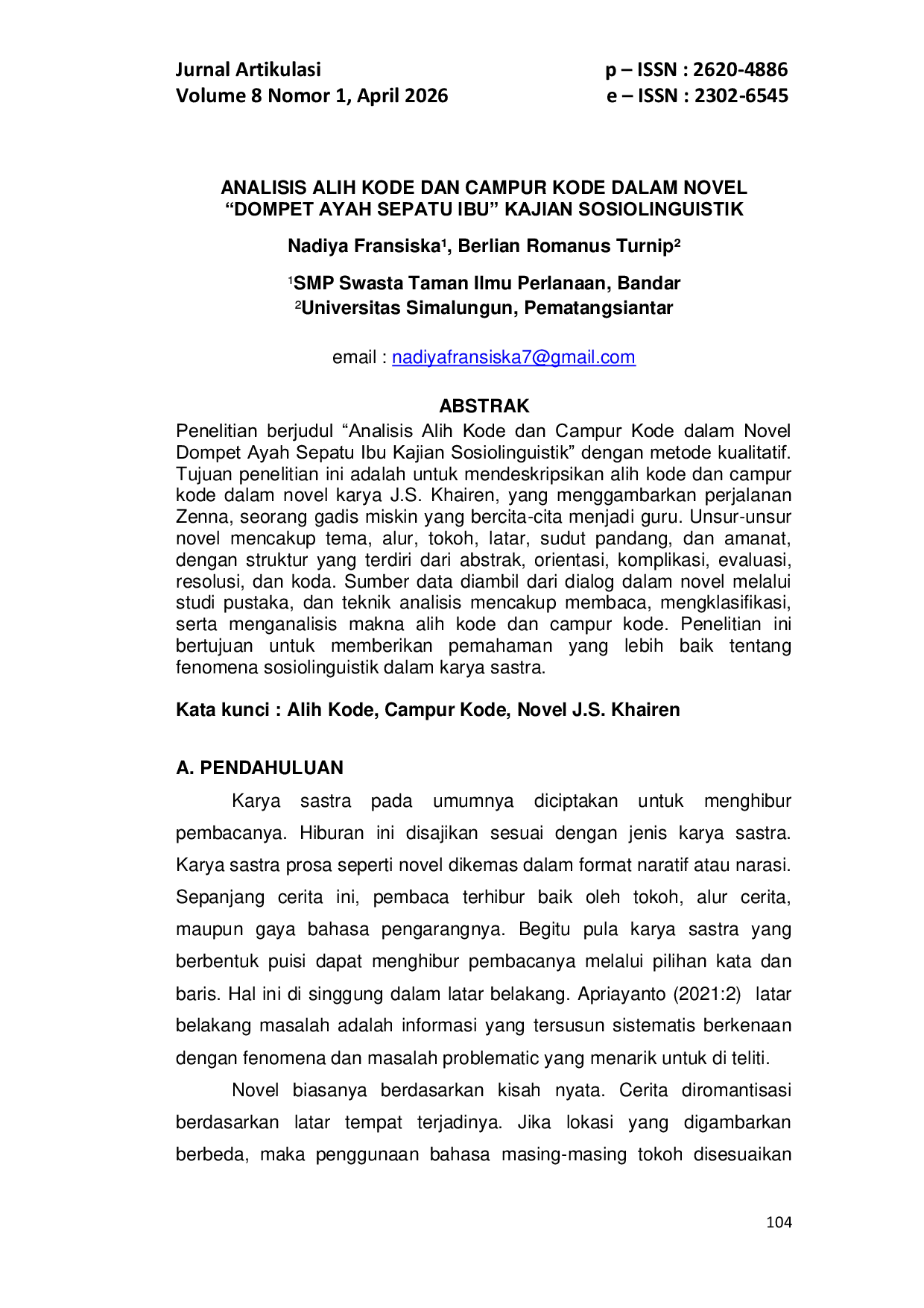 JURIS Analisis Alih Kode Dan Campur Kode Dalam Novel Dompet Ayah Sepatu Ibu Kajian Sosiolinguistik