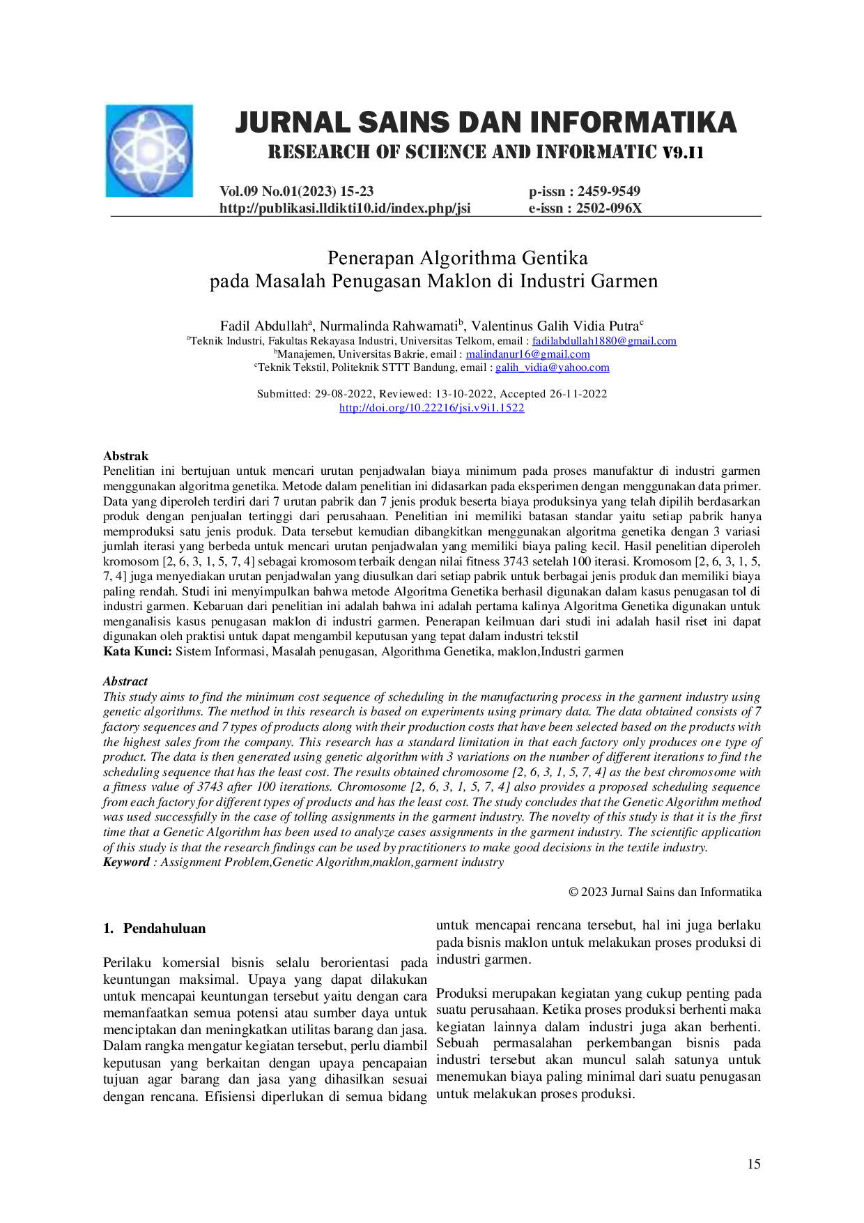 JURIS Penerapan Algorithma Genetika Pada Masalah Penugasan Maklon di Industri Garmen dan Apparel