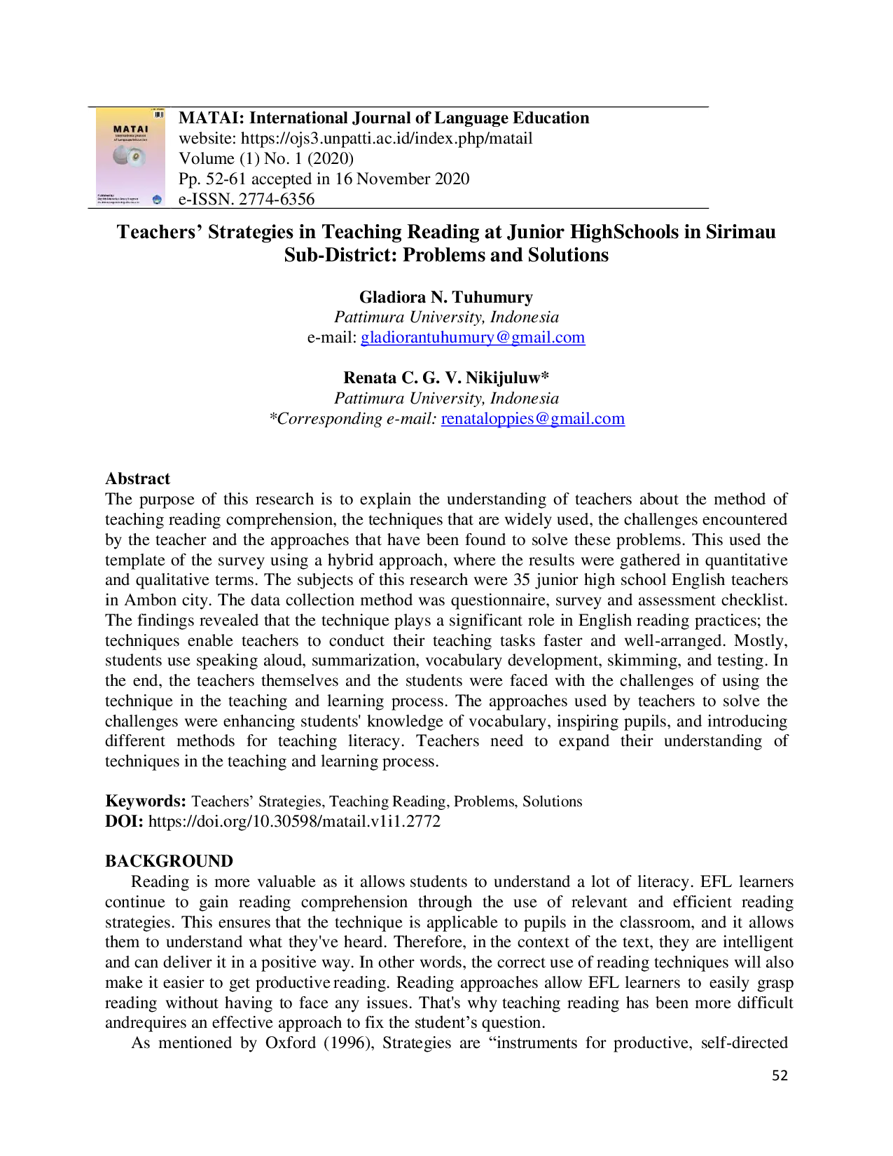 JURIS Teachers Strategies in Teaching Reading at Junior High Schools in Sirimau Sub District