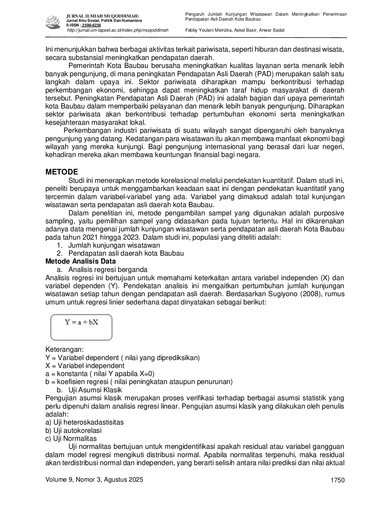 JURIS Pengaruh Jumlah Kunjungan Wisatawan Dalam Meningkatkan Penerimaan Pendapatan Asli Daerah Kota Baubau