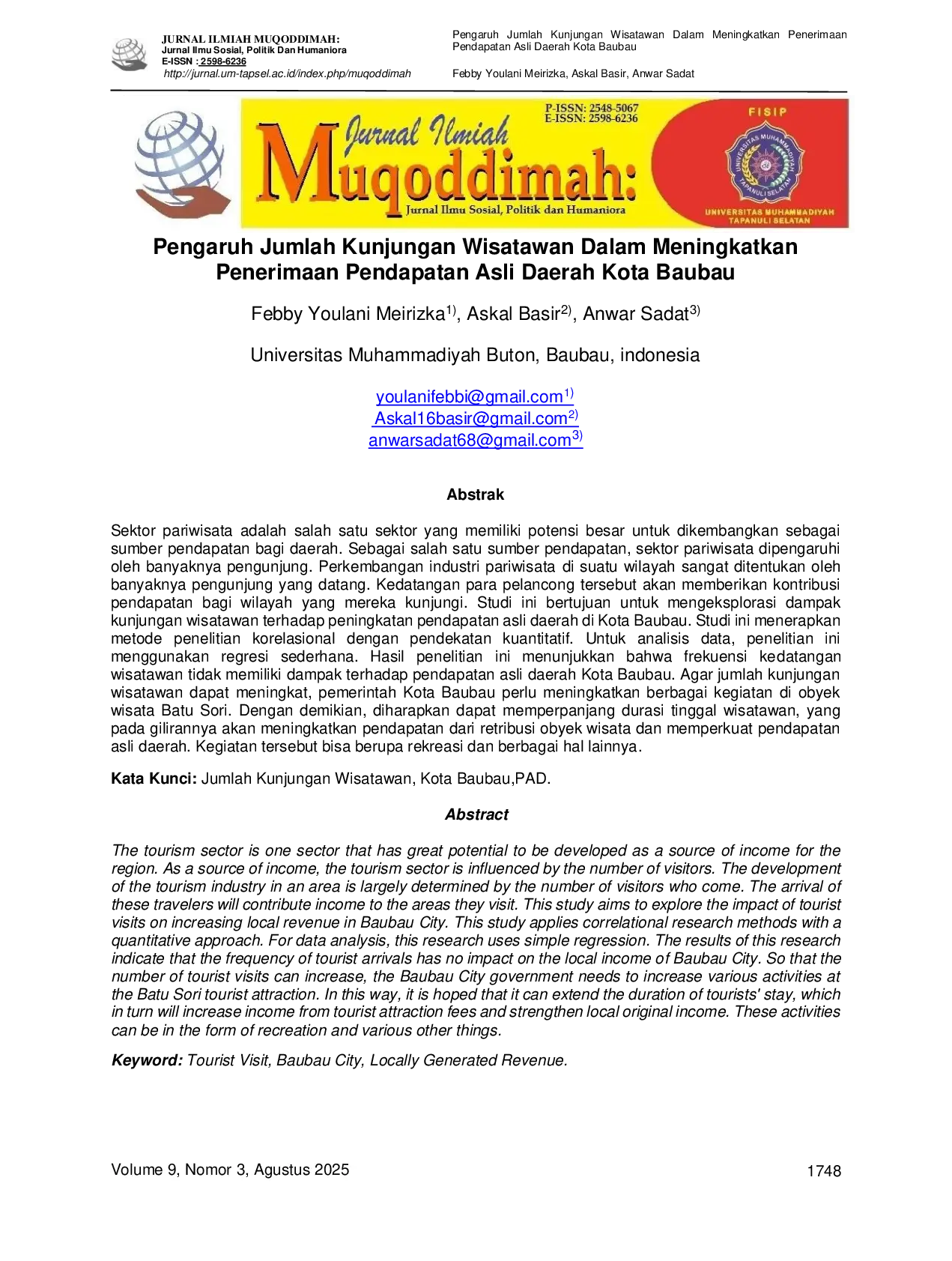 JURIS Pengaruh Jumlah Kunjungan Wisatawan Dalam Meningkatkan Penerimaan Pendapatan Asli Daerah Kota Baubau