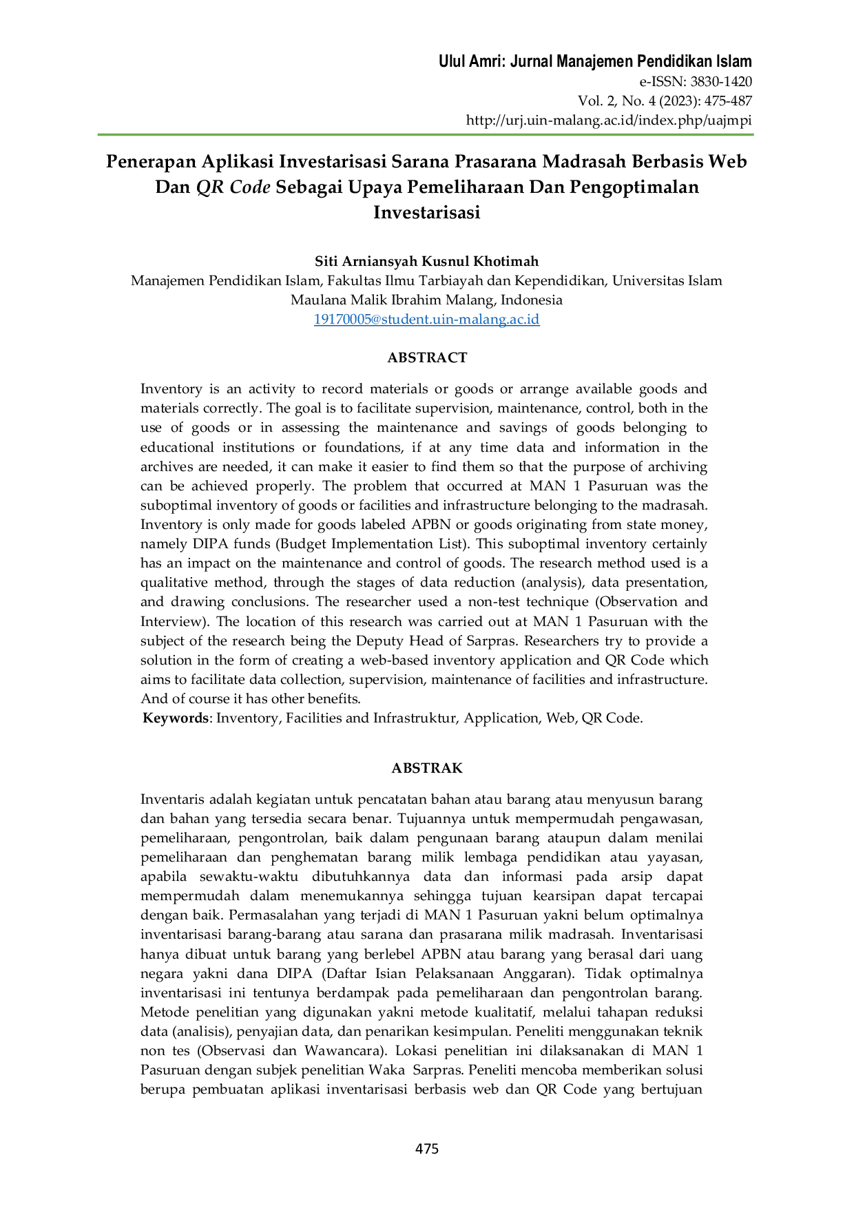 JURIS Penerapan Aplikasi Investarisasi Sarana Prasarana Madrasah Berbasis Web Dan QR Code Sebagai Upaya Pemeliharaan Dan Pengoptimalan Investarisasi