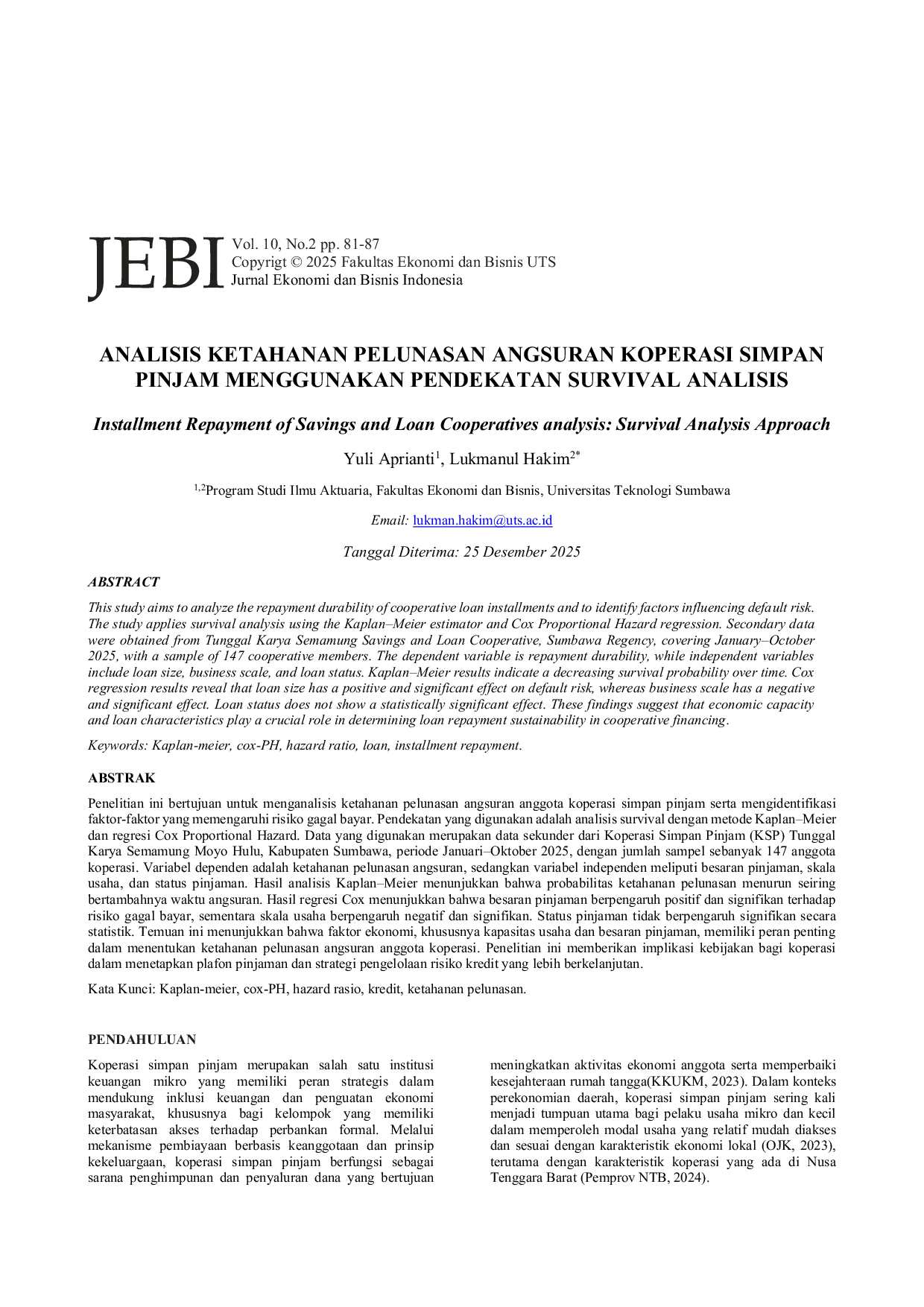 JURIS Analisis Ketahanan Pelunasan Angsuran Koperasi Simpan Pinjam Menggunakan Pendekatan Survival Analisis