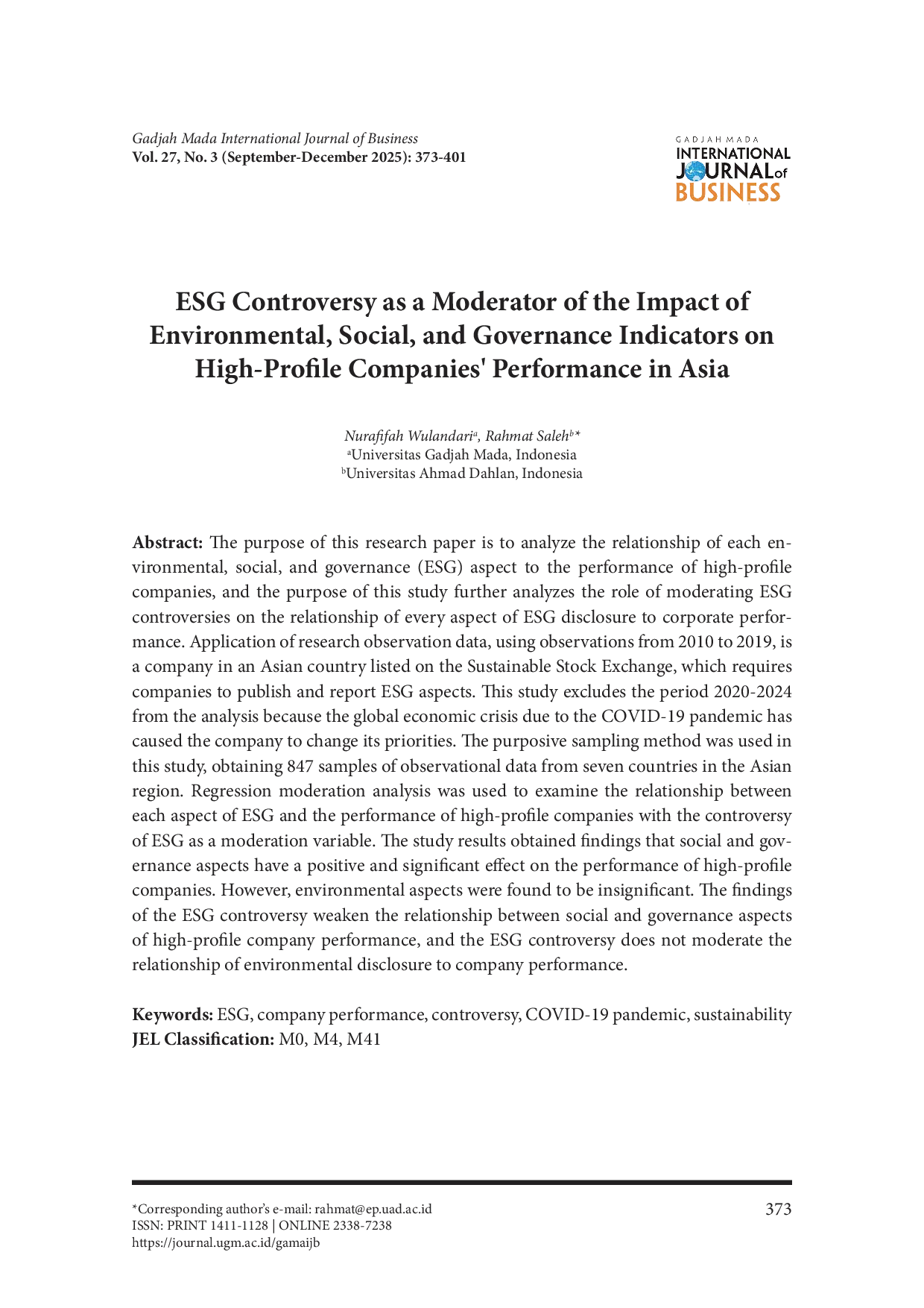 juris ESG Controversy as a Moderator of the Impact of Environmental Social and Governance Indicators on High Profile Companies Performance in Asia