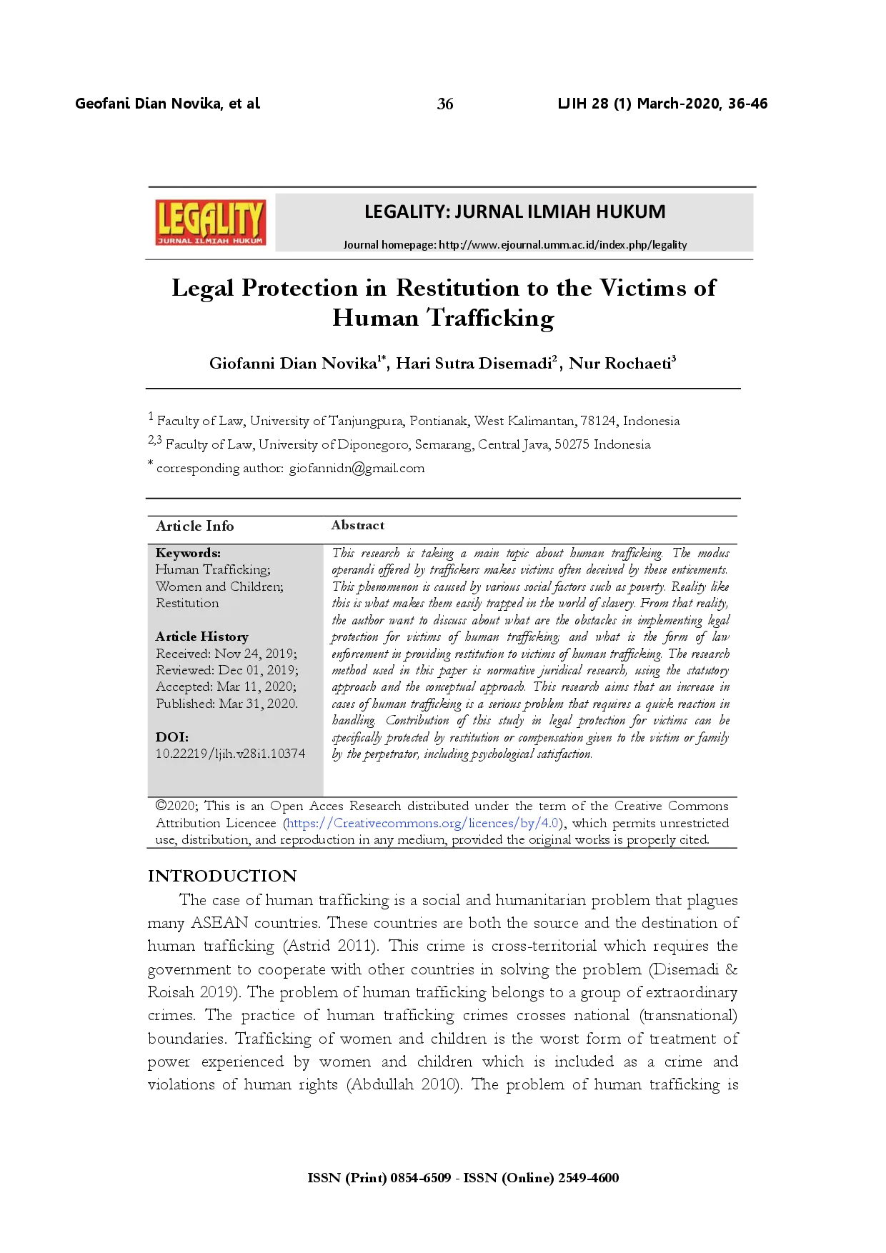 juris Legal protection in restitution to the victims of human trafficking