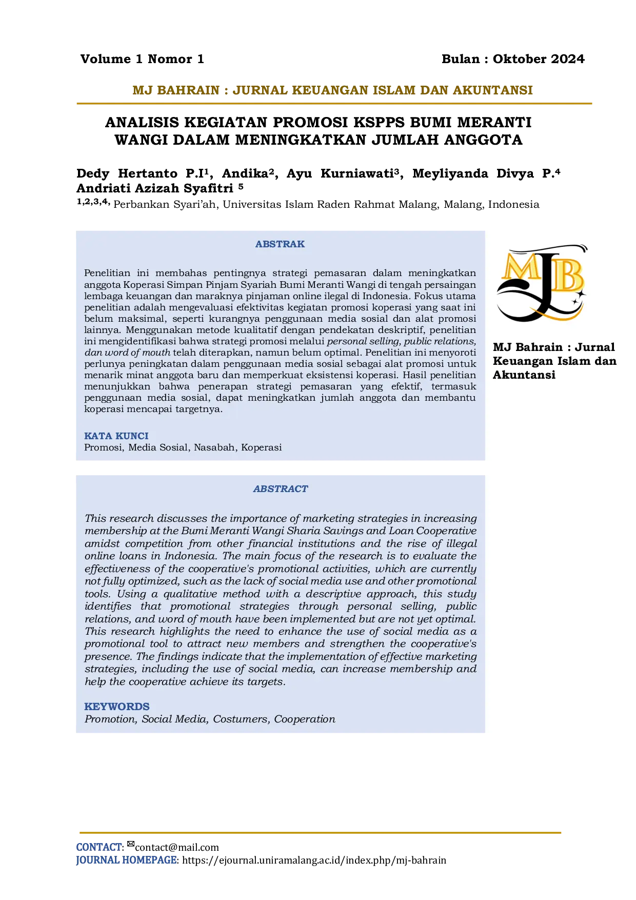 JURIS Analisis Kegiatan Promosi KSPPS Bumi Meranti Wangi dalam Meningkatkan Jumlah Anggota
