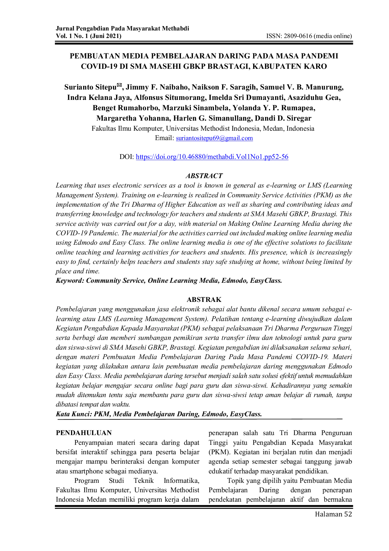 JURIS Pembuatan Media Pembelajaran Daring Pada Masa Pandemi Covid 19 Di Sma Masehi Gbkp Brastagi Kabupaten Karo