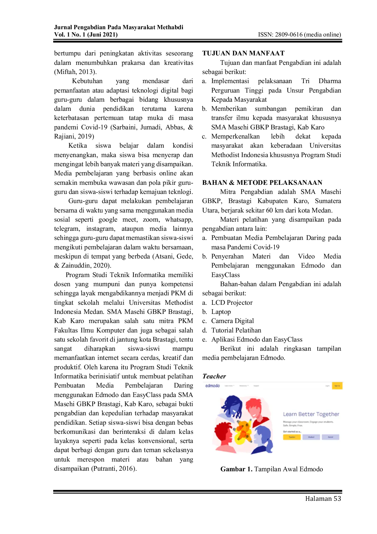 JURIS Pembuatan Media Pembelajaran Daring Pada Masa Pandemi Covid 19 Di Sma Masehi Gbkp Brastagi Kabupaten Karo