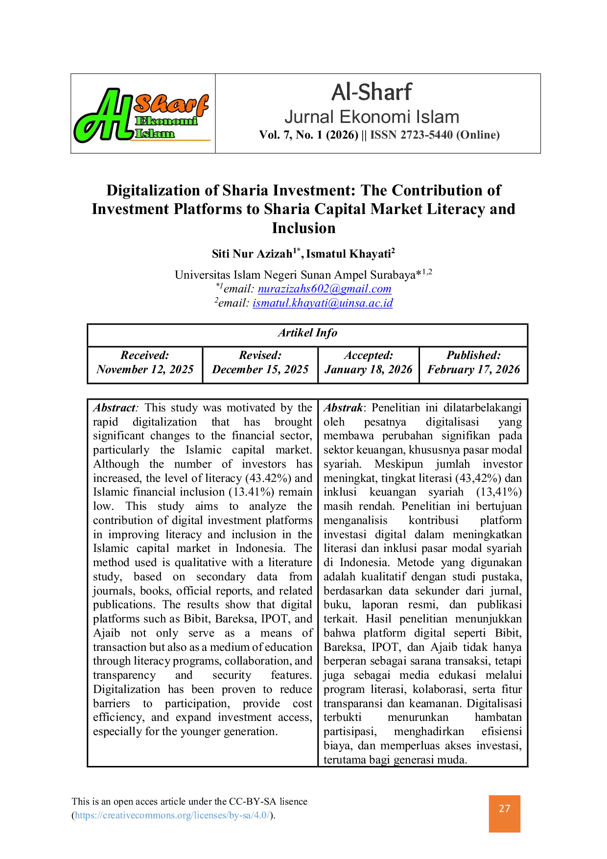 JURIS Digitalization of Sharia Investment The Contribution of Investment Platforms to Sharia Capital Market Literacy and Inclusion