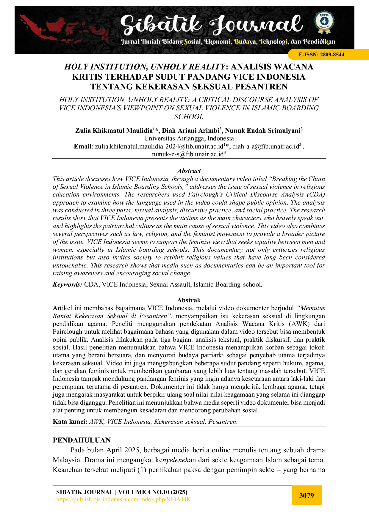 JURIS Holy Institution Unholy Reality Analisis Wacana Kritis Terhadap Sudut Pandang Vice Indonesia Tentang Kekerasan Seksual Pesantren
