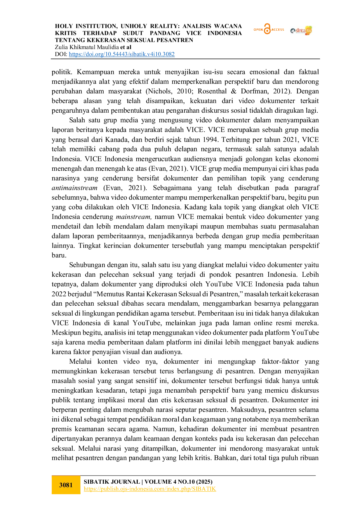 JURIS Holy Institution Unholy Reality Analisis Wacana Kritis Terhadap Sudut Pandang Vice Indonesia Tentang Kekerasan Seksual Pesantren
