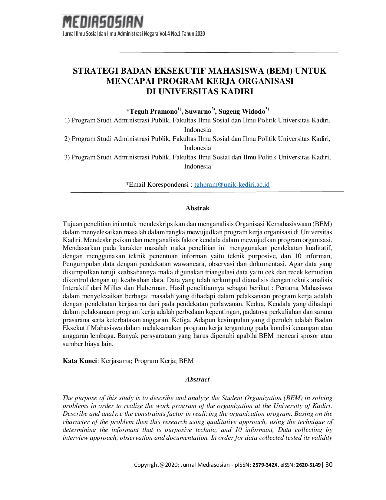 JURIS Strategi Badan Eksekutif Mahasiswa BEM untuk Mencapai Program Kerja Organisasi di Universitas Kadiri