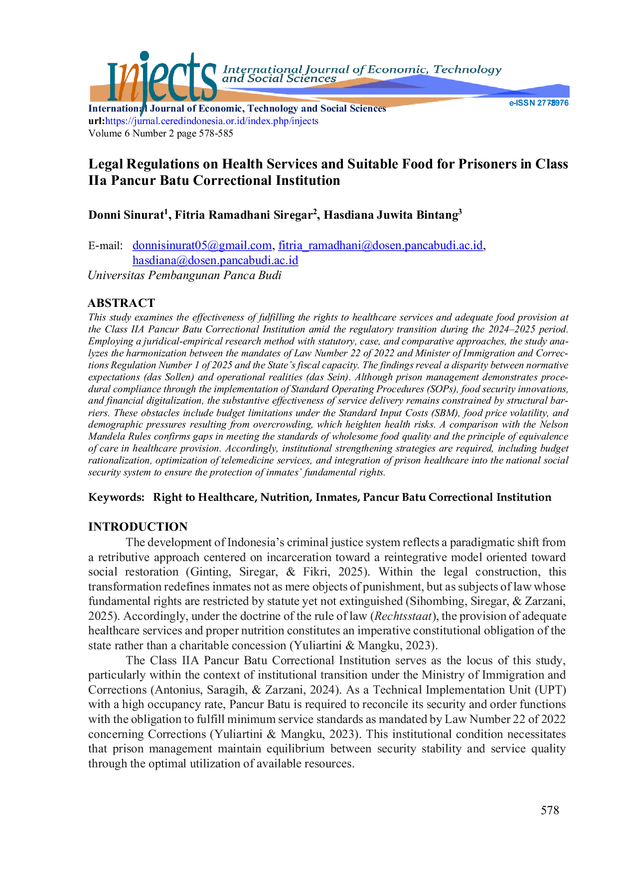 JURIS Legal Regulations on Health Services and Suitable Food for Prisoners in Class IIa Pancur Batu Correctional Institution