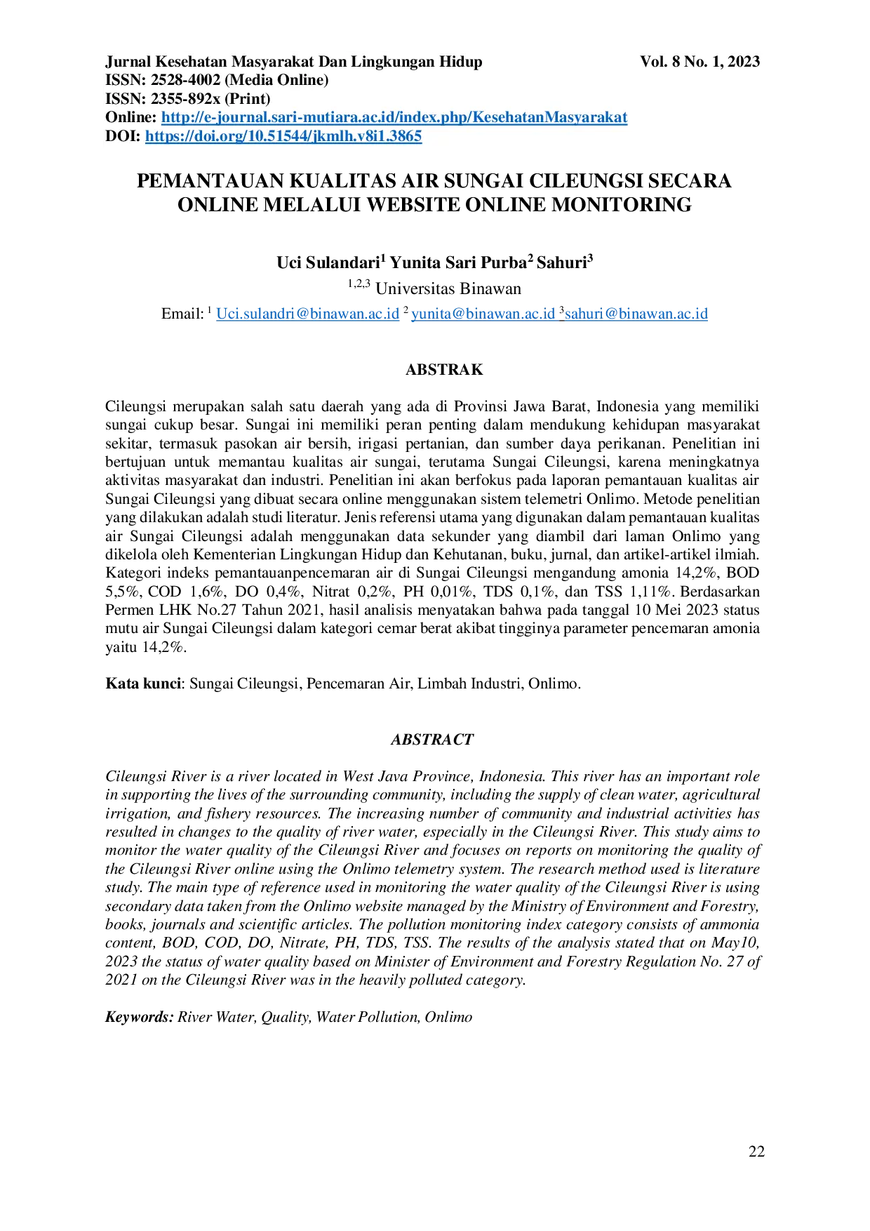 JURIS Pemanauan Kualitas Air Sungai Cileungsi Secara Online Melalui Website Online Monitoring