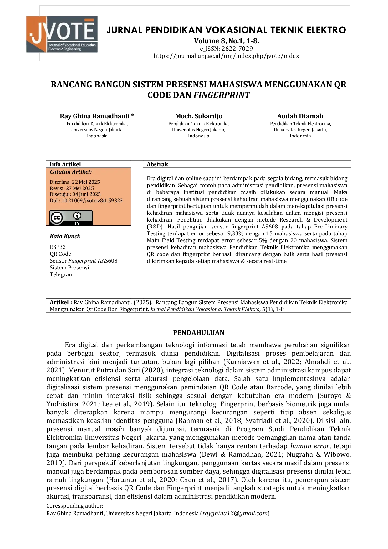 JURIS Rancang Bangun Sistem Presensi Mahasiswa Menggunakan QR Code dan Fingerprint