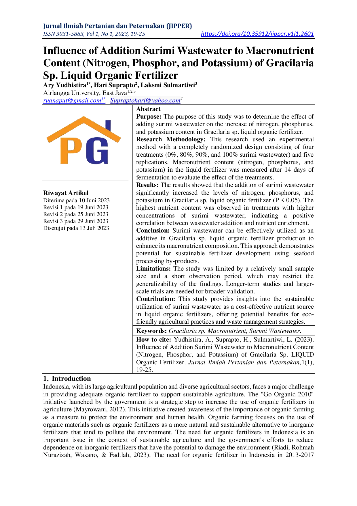JURIS Influence of Addition Surimi Wastewater to Macronutrient Content Nitrogen Phosphor and Potassium of Gracilaria Sp Liquid Organic Fertilizer