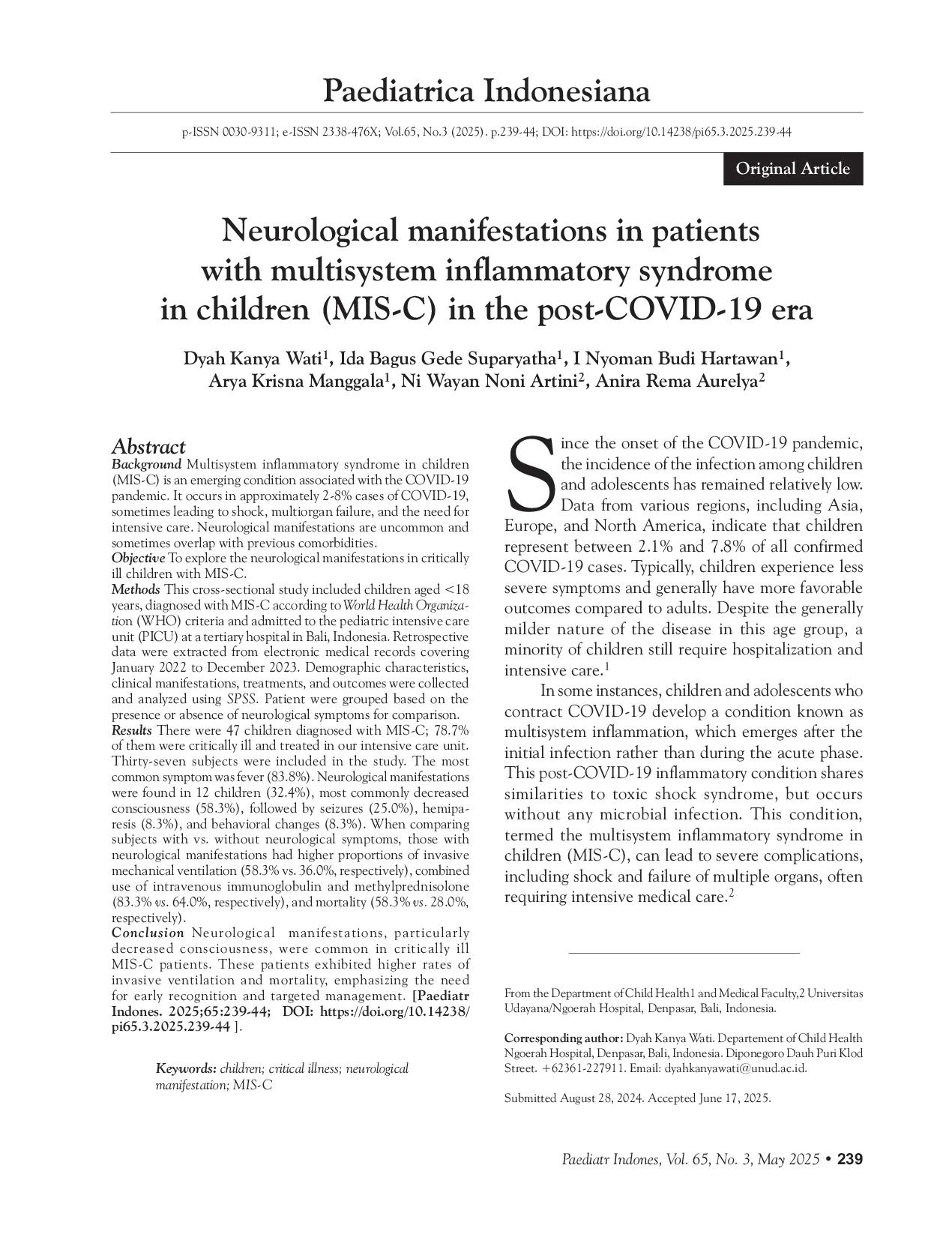 JURIS Neurological manifestations in patients with multisystem inflammatory syndrome in children MIS C in the post COVID 19 era