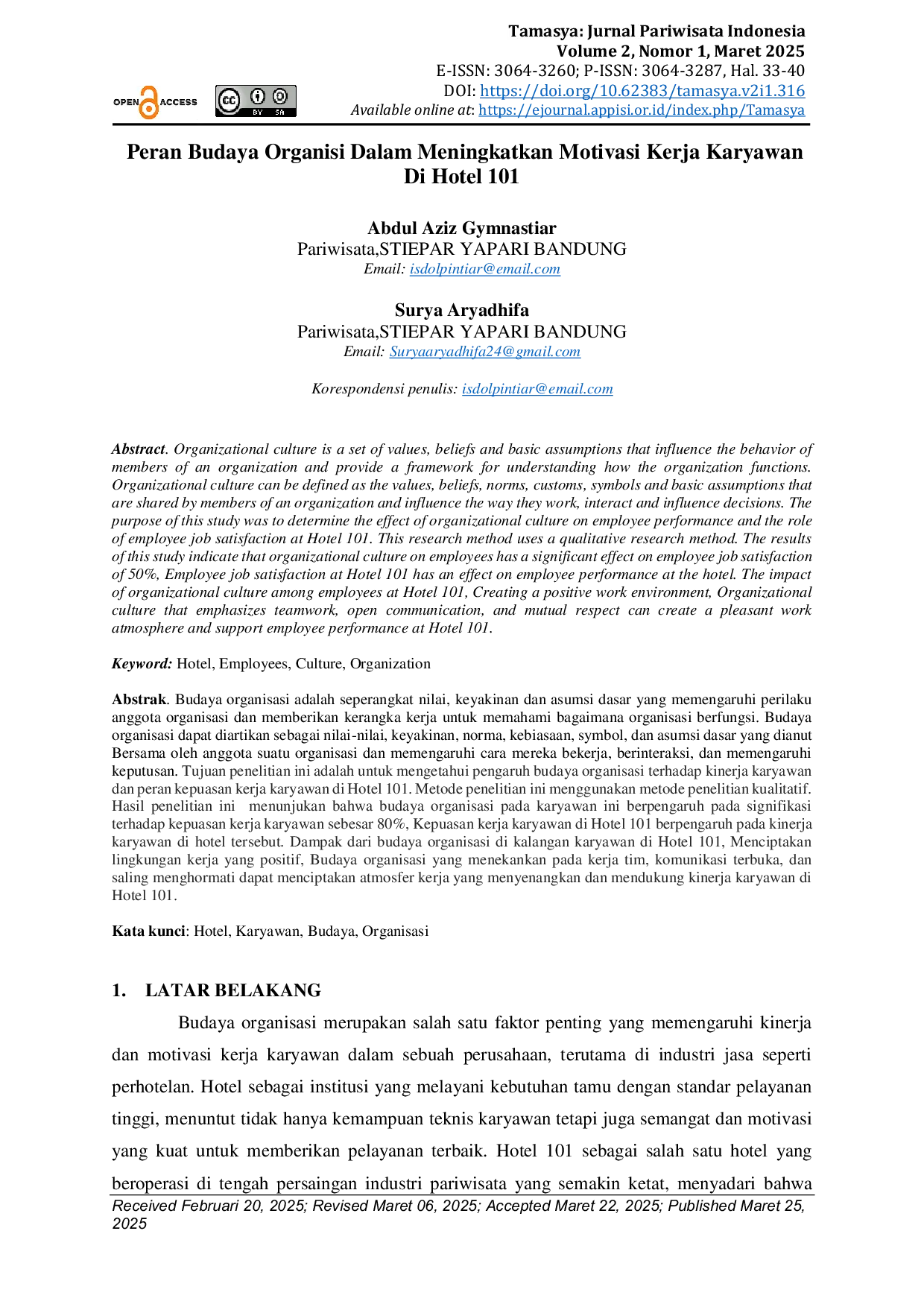 JURIS Peran Budaya Organisi Dalam Meningkatkan Motivasi Kerja Karyawan Di Hotel 101