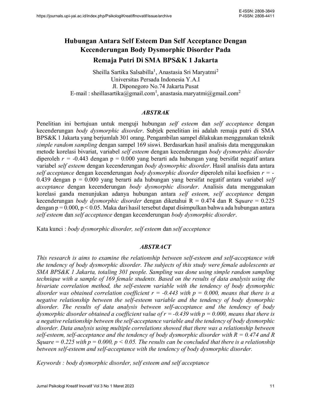 JURIS Hubungan Antara Self Esteem Dan Self Acceptance Dengan Kecenderungan Body Dysmorphic Disorder Pada Remaja Putri Di SMA BPS K 1 Jakarta