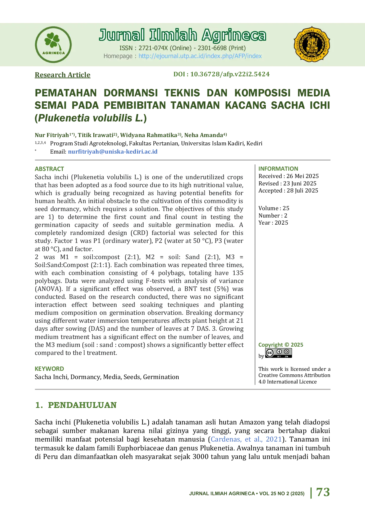 JURIS Pematahan Dormansi Teknis dan Komposisi Media Semai Pada Pembibitan Tanaman Kacang Sacha Ichi Plukenetia volubilis L
