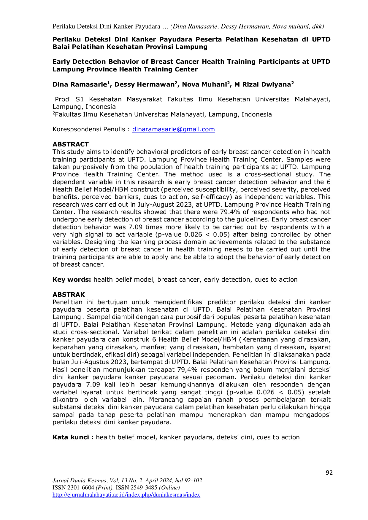JURIS Perilaku Deteksi Dini Kanker Payudara Peserta Pelatihan Kesehatan di UPTD Balai Pelatihan Kesehatan Provinsi Lampung