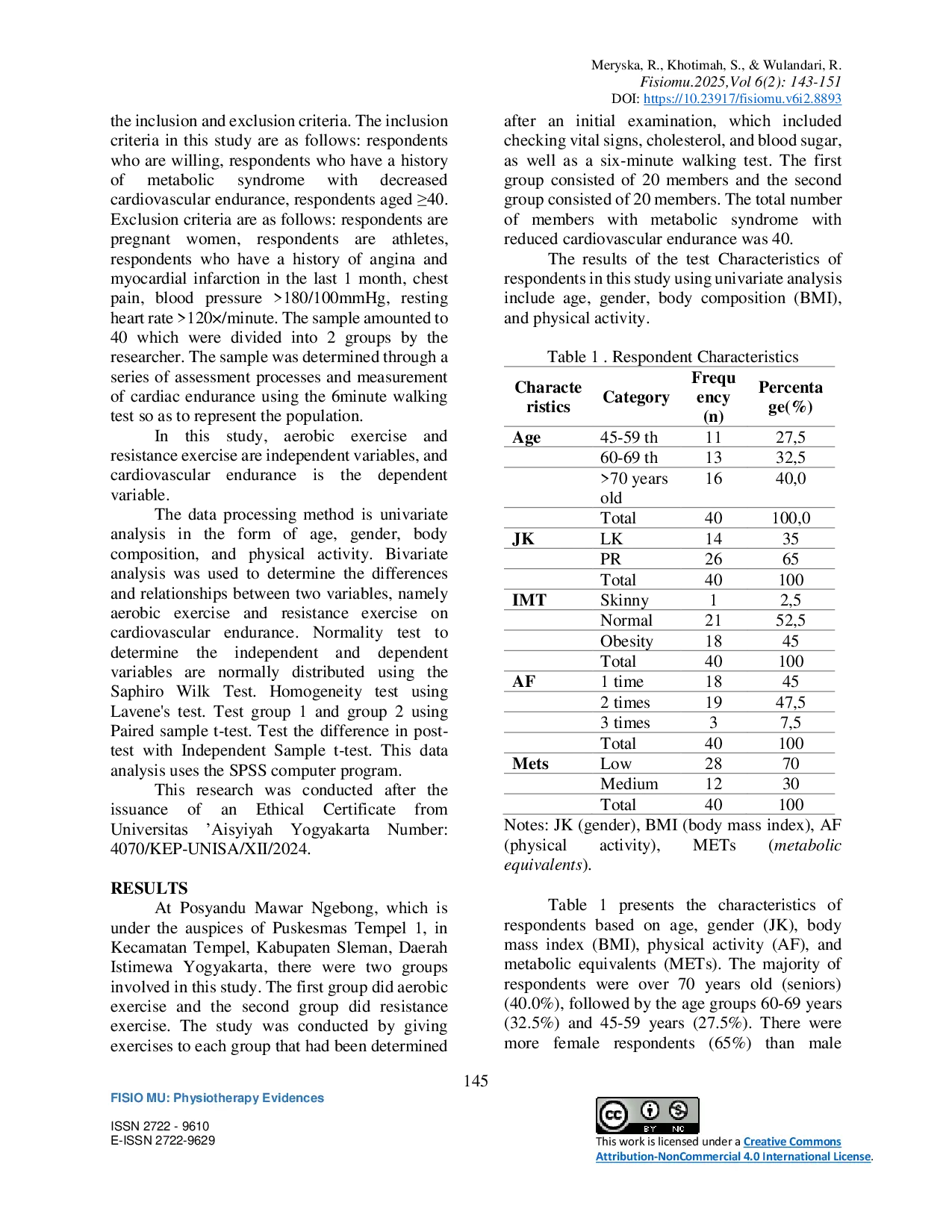 JURIS Differences in the Effect of Aerobic Exercise and Resistance Exercise on Cardiovascular Endurance in Metabolic Syndrome
