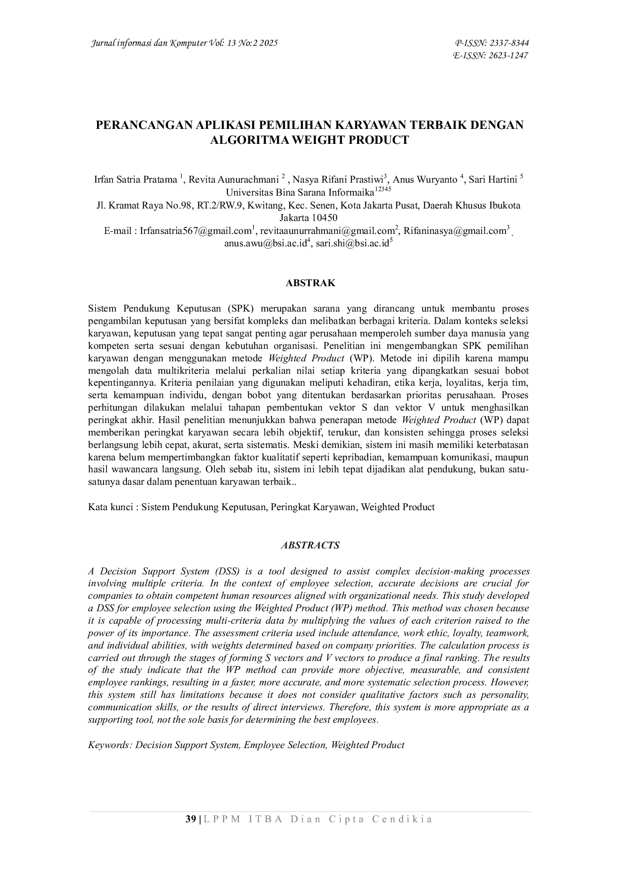 JURIS Perancangan Aplikasi Pemilihan Karyawan Terbaik dengan Algoritma Weighted Product